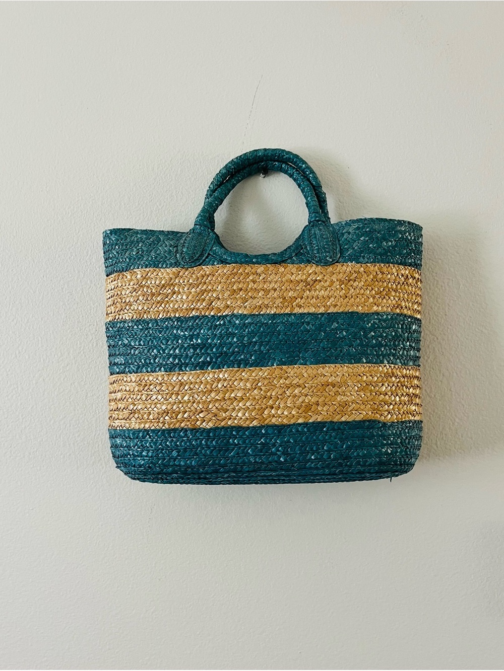 Ralph Lauren Teal and Natural Straw Stripe Tote Bag - Women Bags